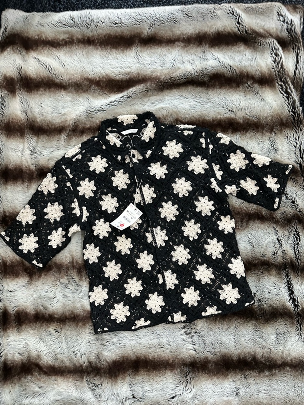 Zara Black Crochet Button-Down Shirt with Cream Floral Motifs